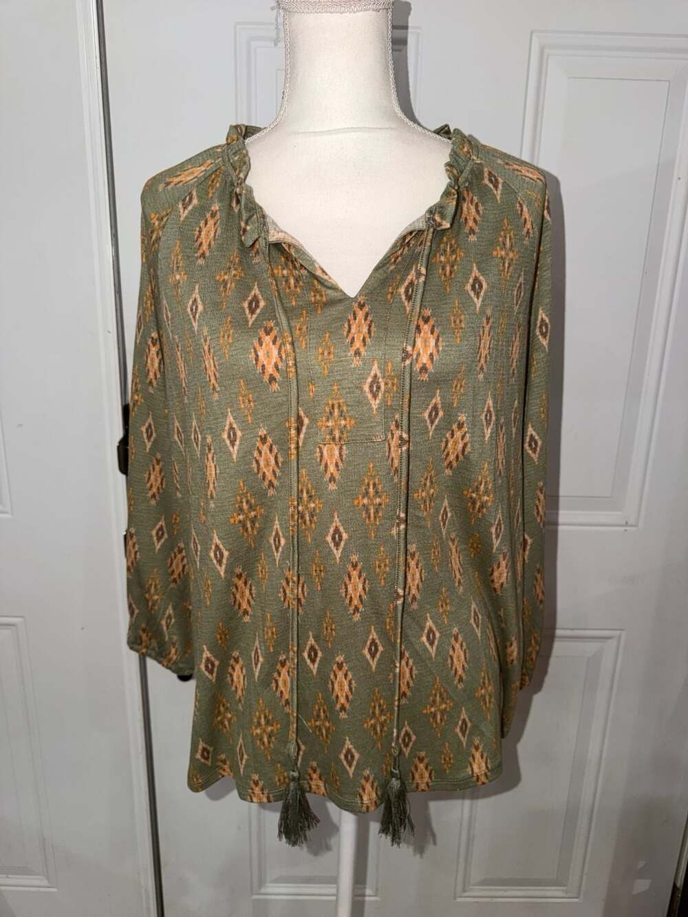Anneliese Olive Green Aztec Print Boho Tassel Tie-Neck Blouse
